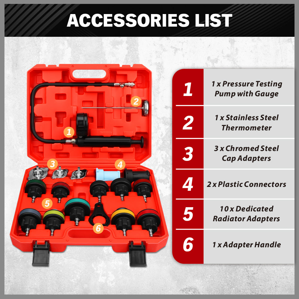 SEDY 18 piece radiator pressure tester kit with pump gauge thermometer and multiple radiator cap adapters for car cooling system leak testing