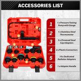 SEDY 18 piece radiator pressure tester kit with pump gauge thermometer and multiple radiator cap adapters for car cooling system leak testing