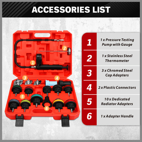 SEDY 18 piece radiator pressure tester kit with pump gauge thermometer and multiple radiator cap adapters for car cooling system leak testing