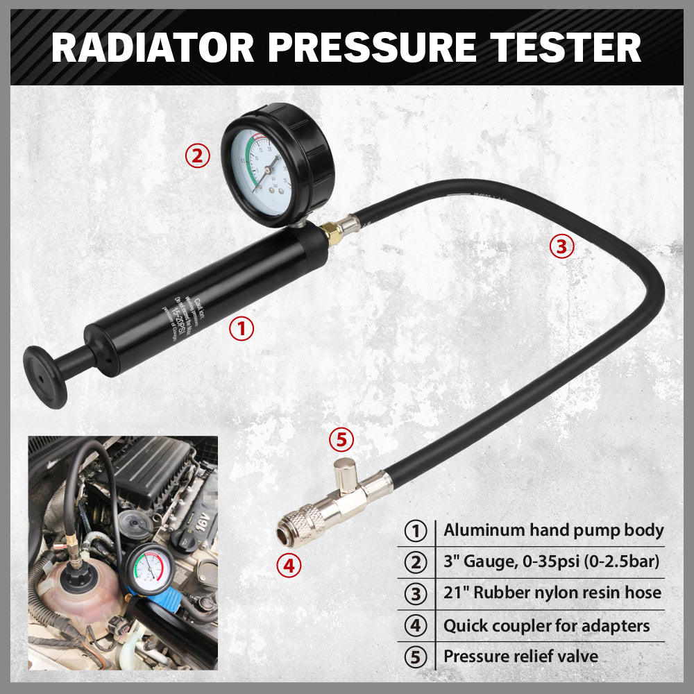 SEDY 18-Piece Radiator Pressure Tester Kit with Pump Gauge Thermometer Adapters for Cooling System Leak Testing