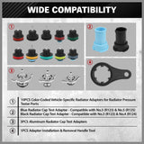 SEDY 18 piece radiator pressure tester kit with pump gauge thermometer and multiple radiator cap adapters for car cooling system leak testing