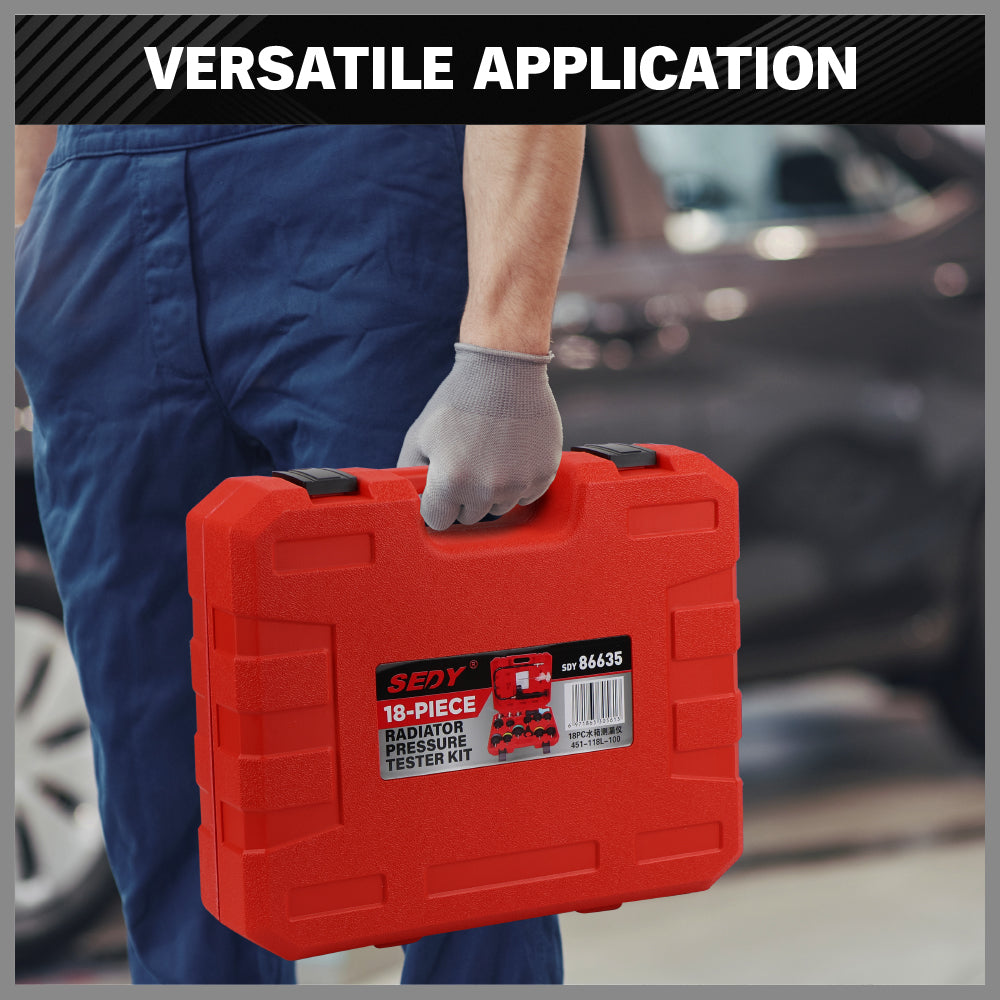 SEDY 18 piece radiator pressure tester kit with pump gauge thermometer and multiple radiator cap adapters for car cooling system leak testing