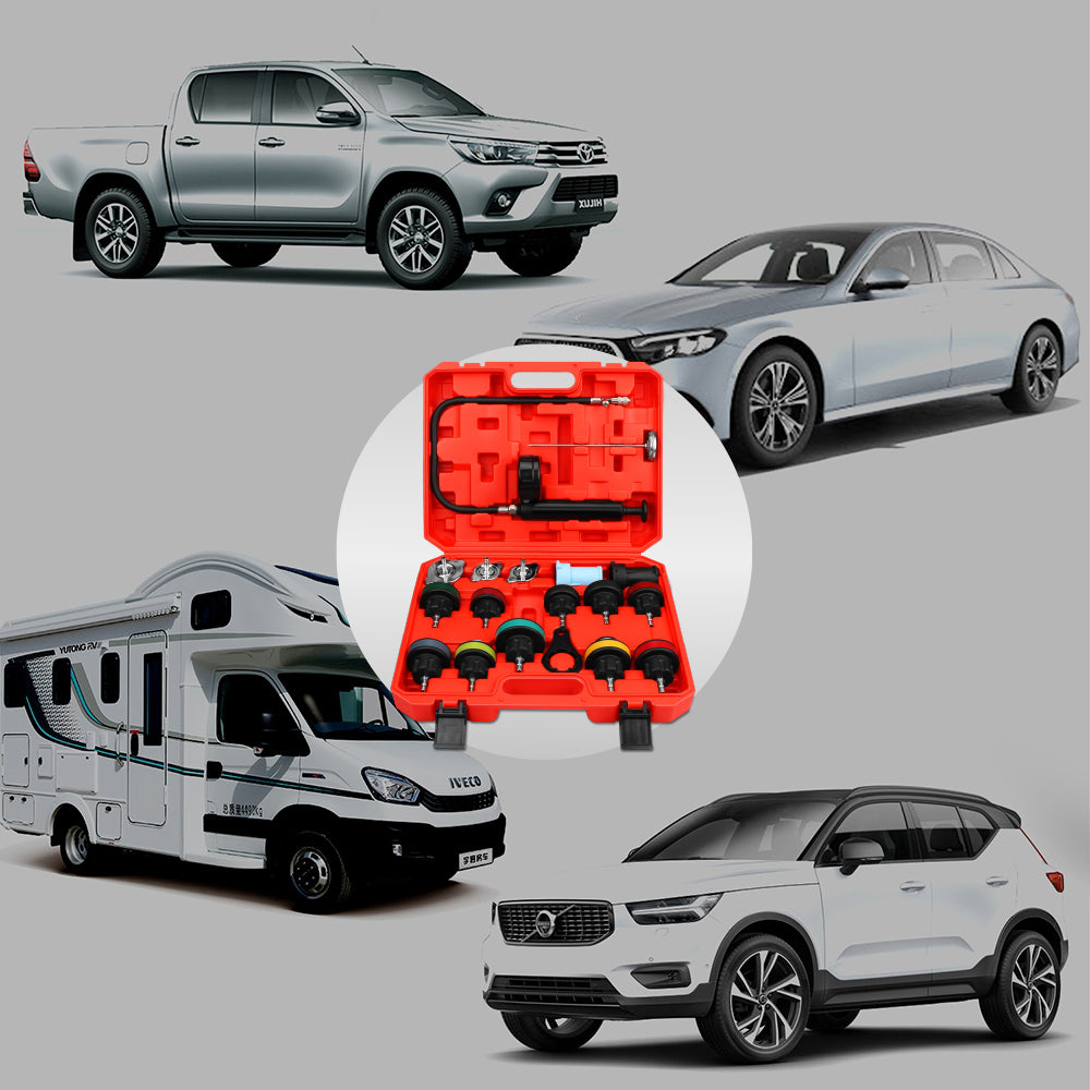 SEDY 18 piece radiator pressure tester kit with pump gauge thermometer and multiple radiator cap adapters for car cooling system leak testing