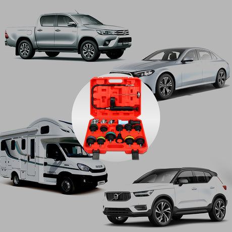 SEDY 18 piece radiator pressure tester kit with pump gauge thermometer and multiple radiator cap adapters for car cooling system leak testing