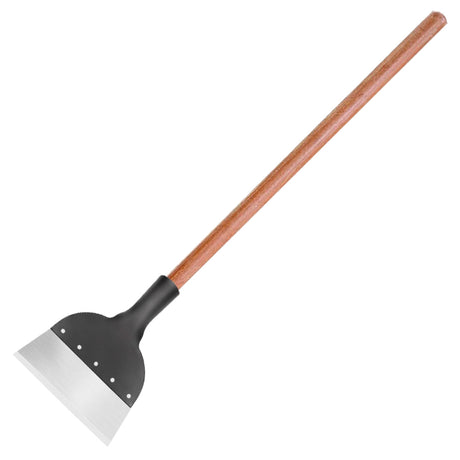 heavy duty floor scraper with long wooden handle and sharp steel blade for wall paint scraping, floor cleaning, dirt removal and outdoor debris clearing