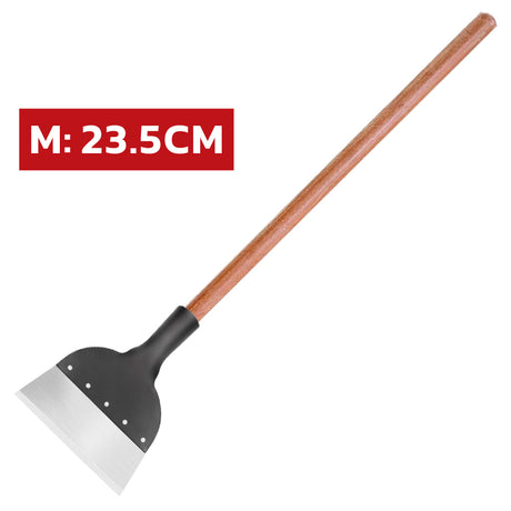 heavy duty floor scraper with long wooden handle and sharp steel blade for wall paint scraping, floor cleaning, dirt removal and outdoor debris clearing