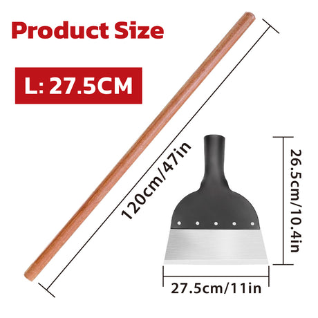 heavy duty floor scraper with long wooden handle and sharp steel blade for wall paint scraping, floor cleaning, dirt removal and outdoor debris clearing