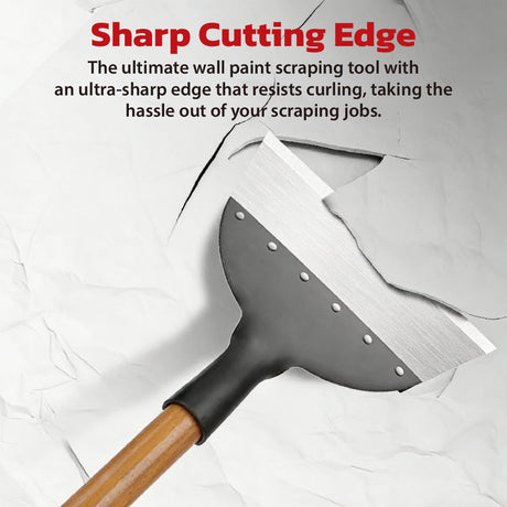heavy duty floor scraper with long wooden handle and sharp steel blade for wall paint scraping, floor cleaning, dirt removal and outdoor debris clearing