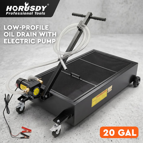 20 gallon low profile oil drain pan with electric pump, mesh filter, drain hose, T-handle and wheels for automotive oil changes