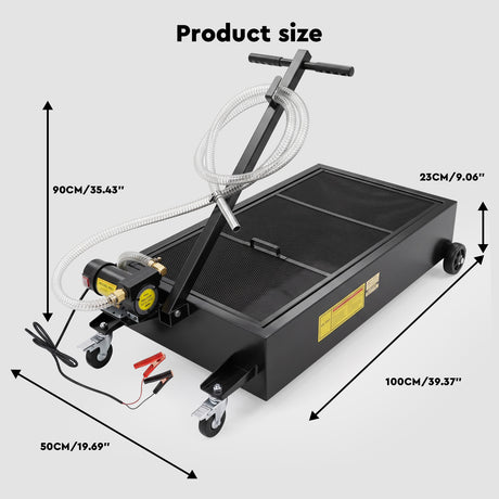 20 gallon low profile oil drain pan with electric pump, mesh filter, drain hose, T-handle and wheels for automotive oil changes