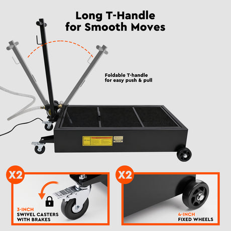 20 gallon low profile oil drain pan with electric pump, mesh filter, drain hose, T-handle and wheels for automotive oil changes