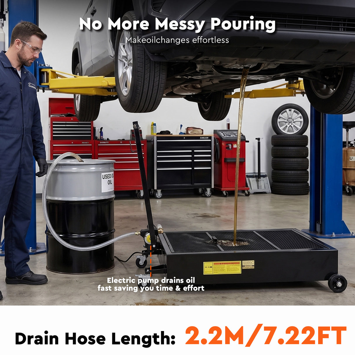 20 gallon low profile oil drain pan with electric pump, mesh filter, drain hose, T-handle and wheels for automotive oil changes