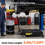 20 gallon low profile oil drain pan with electric pump, mesh filter, drain hose, T-handle and wheels for automotive oil changes