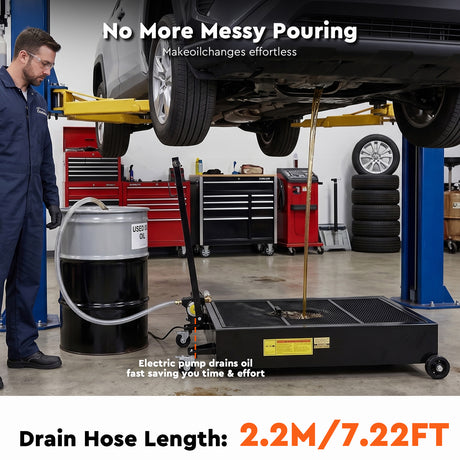 20 gallon low profile oil drain pan with electric pump, mesh filter, drain hose, T-handle and wheels for automotive oil changes
