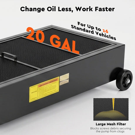 20 gallon low profile oil drain pan with electric pump, mesh filter, drain hose, T-handle and wheels for automotive oil changes