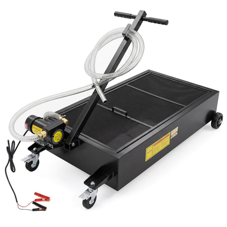 20 gallon low profile oil drain pan with electric pump, mesh filter, drain hose, T-handle and wheels for automotive oil changes