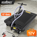 17 gallon rolling oil drain pan with electric pump, low profile oil drainer and long hose for automotive oil changes and garage maintenance