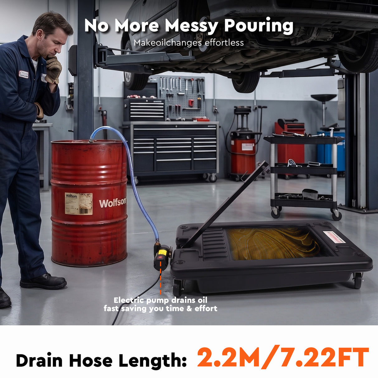 17 gallon rolling oil drain pan with electric pump, low profile oil drainer and long hose for automotive oil changes and garage maintenance