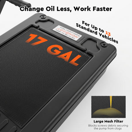 17 gallon rolling oil drain pan with electric pump, low profile oil drainer and long hose for automotive oil changes and garage maintenance