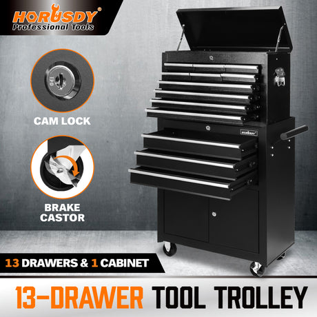 13 drawer rolling tool chest with cabinet, heavy-duty steel tool trolley with locking casters and ball bearing drawers