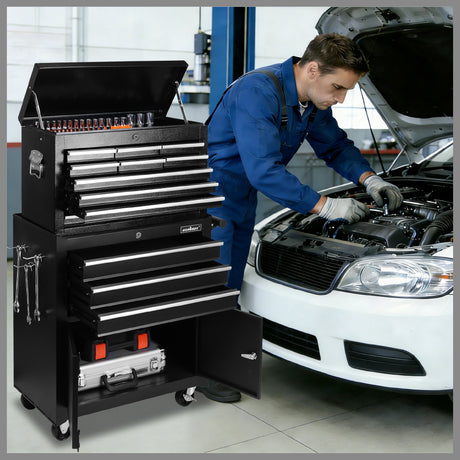 13 drawer rolling tool chest with cabinet, heavy-duty steel tool trolley with locking casters and ball bearing drawers