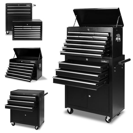 13 drawer rolling tool chest with cabinet, heavy-duty steel tool trolley with locking casters and ball bearing drawers