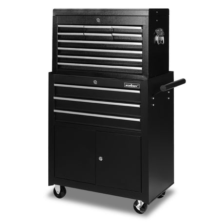 13 drawer rolling tool chest with cabinet, heavy-duty steel tool trolley with locking casters and ball bearing drawers