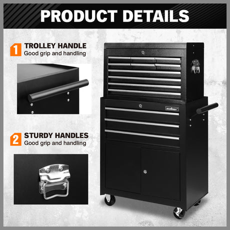 13 drawer rolling tool chest with cabinet, heavy-duty steel tool trolley with locking casters and ball bearing drawers