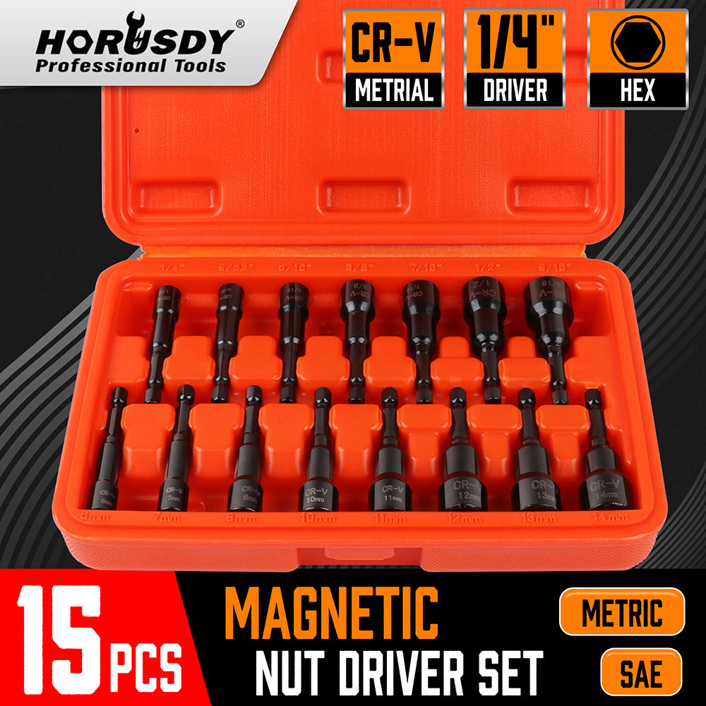 15-piece magnetic nut driver set with 1/4 inch hex shank, Metric and SAE sizes, CR-V black finish impact driver bits and orange storage case for drills and impact drivers