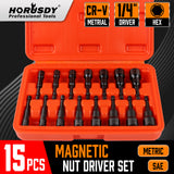 15-piece magnetic nut driver set with 1/4 inch hex shank, Metric and SAE sizes, CR-V black finish impact driver bits and orange storage case for drills and impact drivers