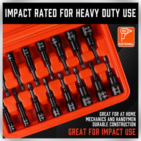 15-piece magnetic nut driver set with 1/4 inch hex shank, Metric and SAE sizes, CR-V black finish impact driver bits and orange storage case for drills and impact drivers