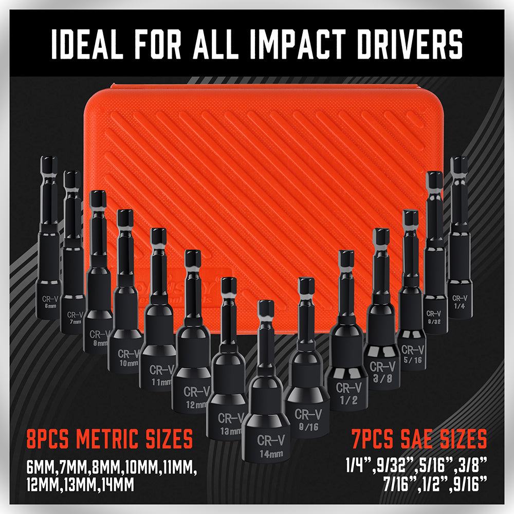 15-piece magnetic nut driver set with 1/4 inch hex shank, Metric and SAE sizes, CR-V black finish impact driver bits and orange storage case for drills and impact drivers