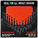 15-piece magnetic nut driver set with 1/4 inch hex shank, Metric and SAE sizes, CR-V black finish impact driver bits and orange storage case for drills and impact drivers