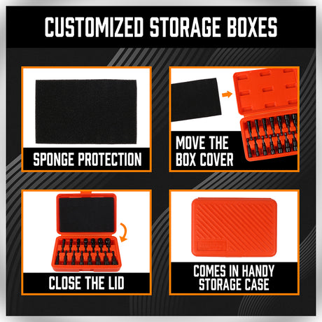 15-piece magnetic nut driver set with 1/4 inch hex shank, Metric and SAE sizes, CR-V black finish impact driver bits and orange storage case for drills and impact drivers
