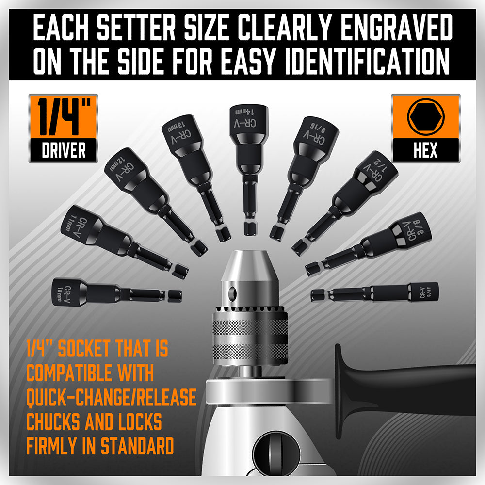 15-piece magnetic nut driver set with 1/4 inch hex shank, Metric and SAE sizes, CR-V black finish impact driver bits and orange storage case for drills and impact drivers