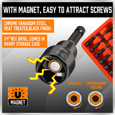 15-piece magnetic nut driver set with 1/4 inch hex shank, Metric and SAE sizes, CR-V black finish impact driver bits and orange storage case for drills and impact drivers
