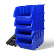 wall mounted storage bins rack with 4 stackable blue bins for garage workshop parts organization