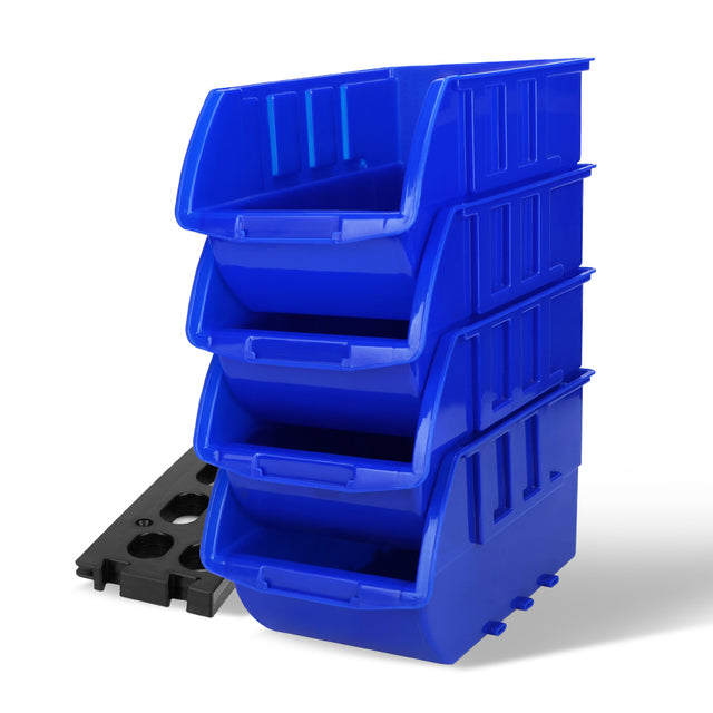 wall mounted storage bins rack with 4 stackable blue bins for garage workshop parts organization