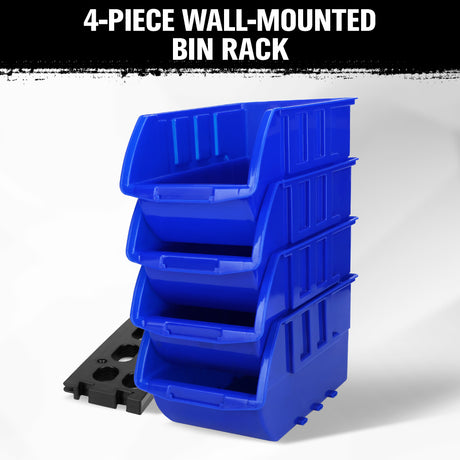 wall mounted storage bins rack with 4 stackable blue bins for garage workshop parts organization
