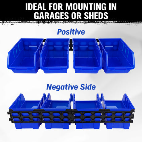 wall mounted storage bins rack with 4 stackable blue bins for garage workshop parts organization