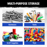 wall mounted storage bins rack with 4 stackable blue bins for garage workshop parts organization