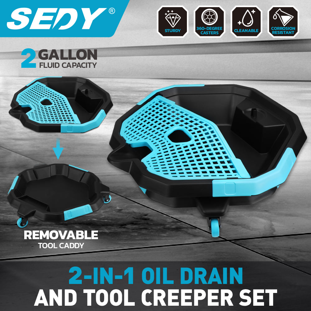 2-in-1 oil drain pan with removable tool caddy and 360-degree casters for car maintenance
