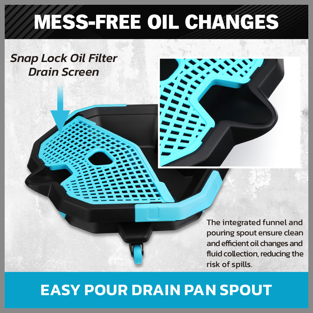 2-in-1 oil drain pan with removable tool caddy and 360-degree casters for car maintenance