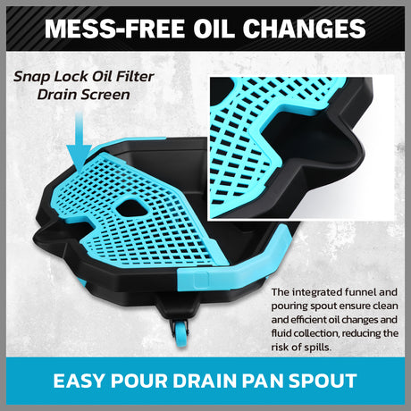 2-in-1 oil drain pan with removable tool caddy and 360-degree casters for car maintenance