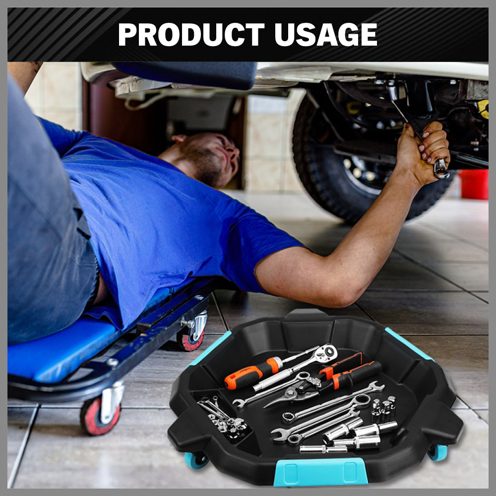 2-in-1 oil drain pan with removable tool caddy and 360-degree casters for car maintenance