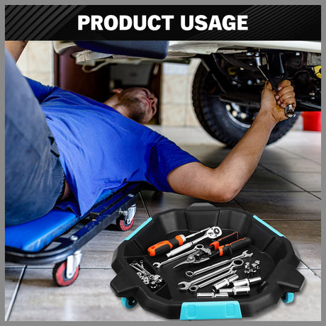 2-in-1 oil drain pan with removable tool caddy and 360-degree casters for car maintenance