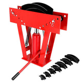 red hydraulic pipe bender with 8 bending dies for 1/2 inch to 3 inch pipes and adjustable roller frame