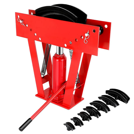 red hydraulic pipe bender with 8 bending dies for 1/2 inch to 3 inch pipes and adjustable roller frame