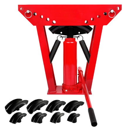 red hydraulic pipe bender with 8 bending dies for 1/2 inch to 3 inch pipes and adjustable roller frame