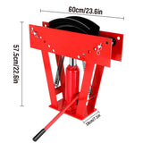 red hydraulic pipe bender with 8 bending dies for 1/2 inch to 3 inch pipes and adjustable roller frame